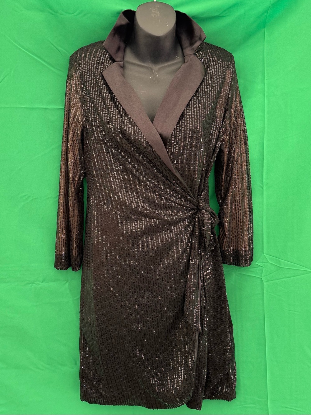 Black Sequin Wrap Dress — Satin Shawl Collar, Women’s M